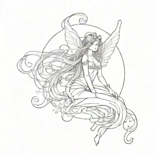 Fairy In Air Fine Line With Long Hair Covering Chest