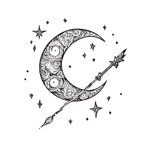 A Whimsical New-school Design Of A Crescent Moon With A Magic Wand As The Centerpiece