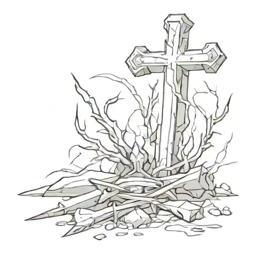 Religious Cross In Sunlight With Two Battle Axes Laying On The Ground