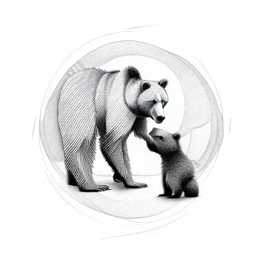 Mother Bear And Cub In A Leaf Circle Noses Touching