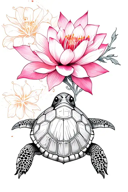 Spine Tattoo Sparkles And A Turtle With Big Lotus And Hibiscus Flowers