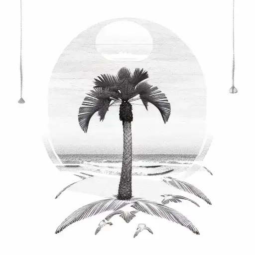 Sunset With Palm Tree And Ocean And Birds