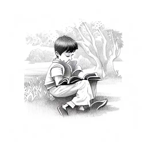 A Boy Reading A Book Under A Willow Tree