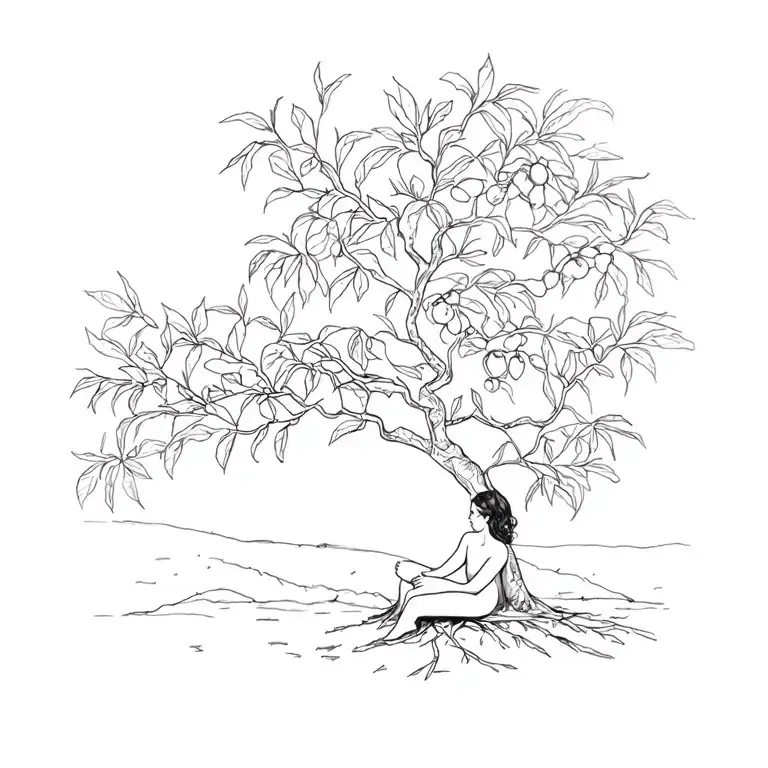 Line Drawing Of Woman Sat At The Base Of A Fig Tree