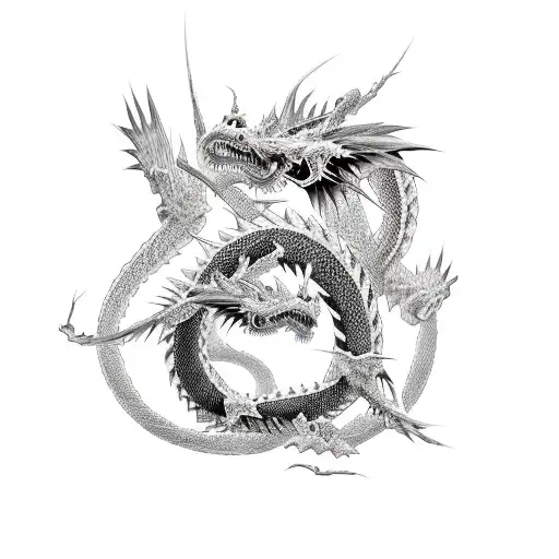 Two Black And White Japanese Dragons Entwined Around Each Other