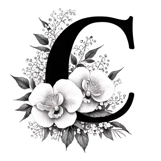 Initial C Surrounded With Wild Roses And Babys Breath Flowers And Orchids
