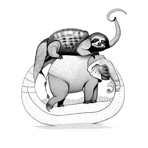 A Sloth And An Elephant Riding On Top Ofa Turtle