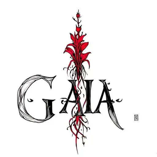The Word Gaia In Black With A Red Lycoris