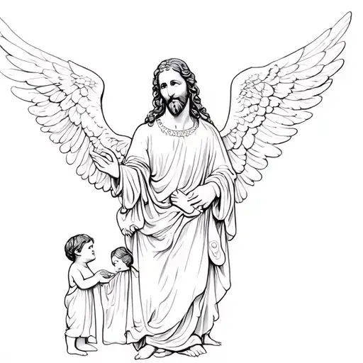 Papa Angel With Two Small Children