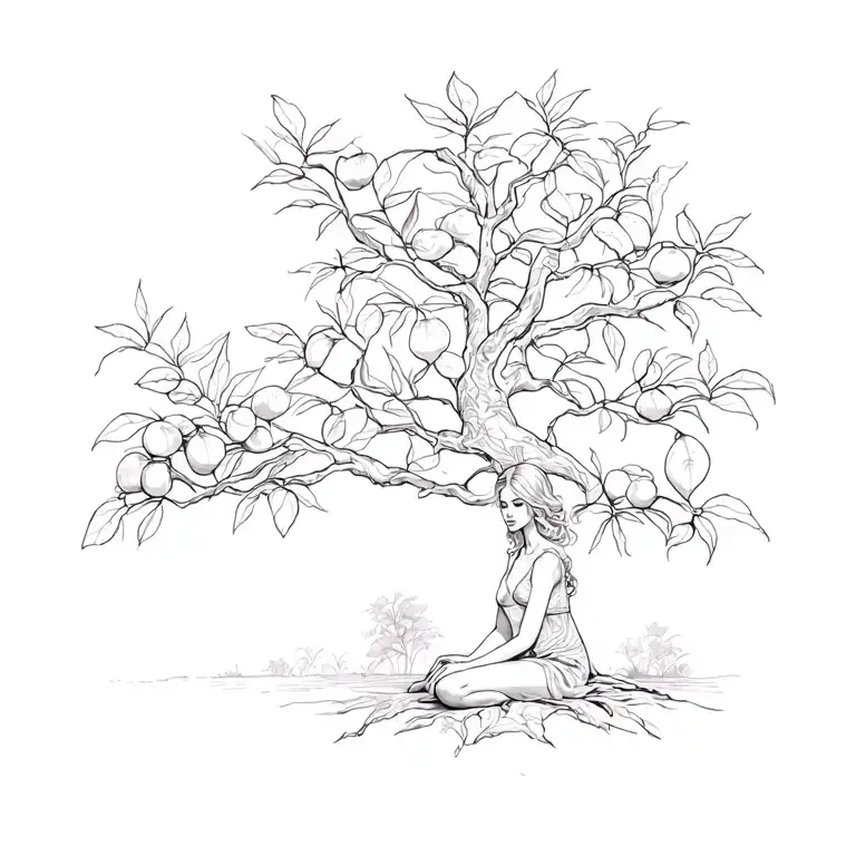 Line Drawing Of Woman Sat At The Base Of A Fig Tree