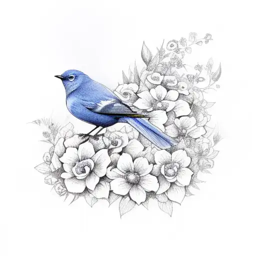 Blue Bird With Flowers In Background