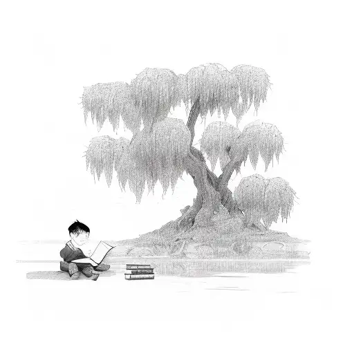 A Boy Reading A Book Under A Willow Tree