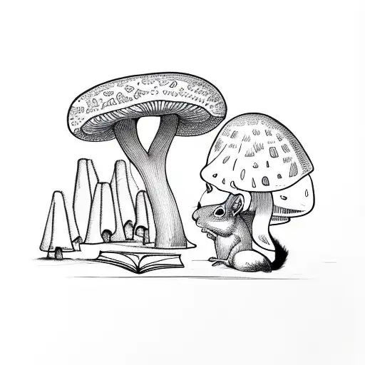 Squirrel Reading A Book Sitting Under A Large Mushroom