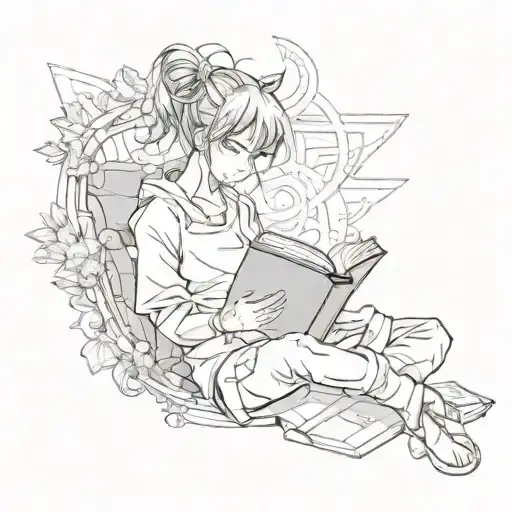A Sketch Style Tattoo Featuring A Character From An Anime Reading A Book