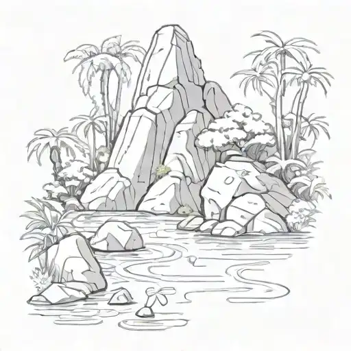 Peaceful Scene Of One Main Rock That You Sit On Nearby Flowing Water In A Jungle