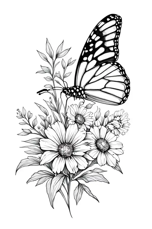 Fine Line Tattoo Of Monarch Butterfly With Wildflowers