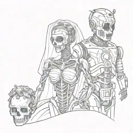 A Chemical Man With A Hazmat Mask And A Bride In A Wedding Dress Who Is Half Robot Half Skeleton