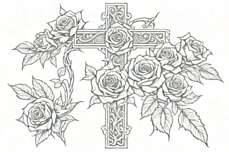 Line Of Roses Leading Into A Catholic Cross