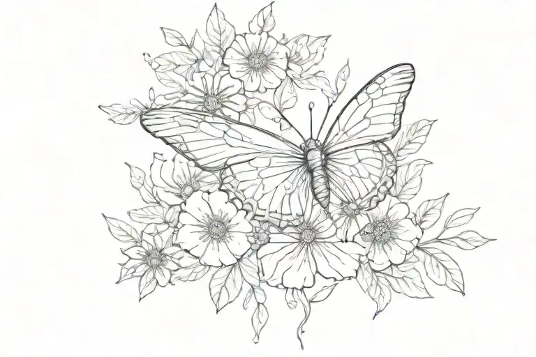Flowy Line Work Of Butterfly Life Cycle With Flowers