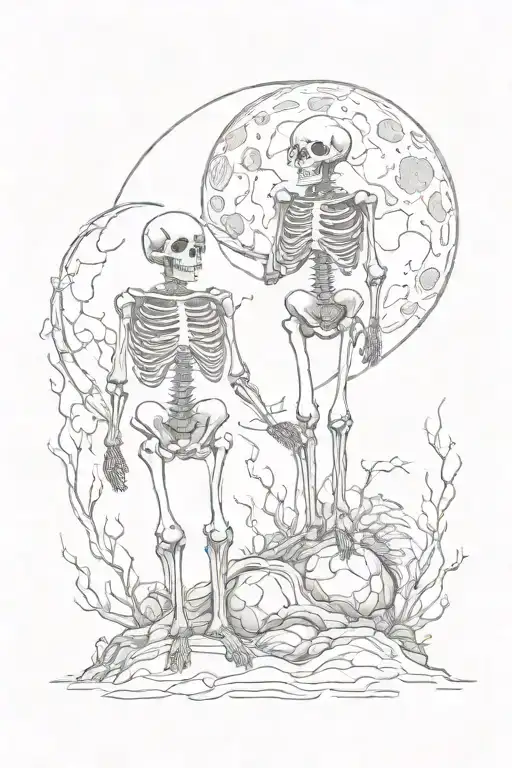 Two Standing Skellotons Both With Cigerrets And A Full Moon