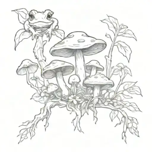 Mushrooms And Beautiful Branches With Frogs