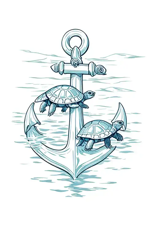 Anchor With 3 Turtles Swimming In The Water
