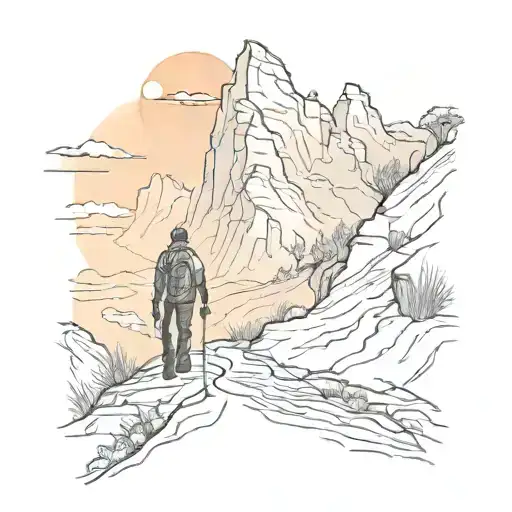 A Silhouette Of A Father And Son Hiking Together On A Winding Trail Through A Sunset-filled Canyon