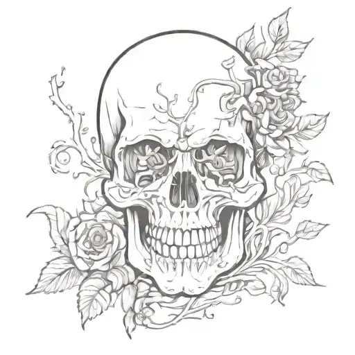 Skull With Flowers And Vines Around It Outline