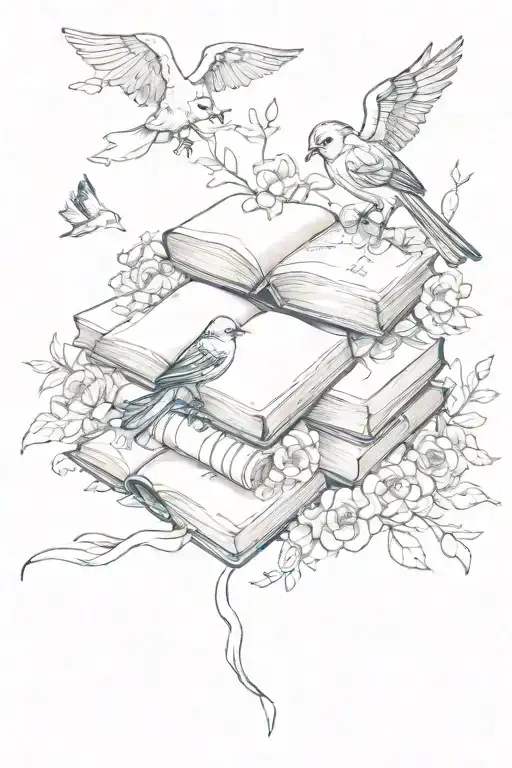 Spooky Books Surrounded By Flowers With Birds