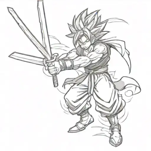 A Tattoo Design Of Goku Wielding A Katana In A Dynamic Action Pose