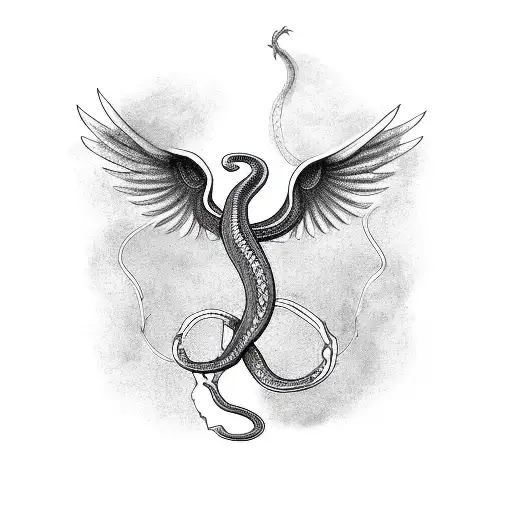 Snake Coiled Around A Staff With A Phoenix Perched On Top