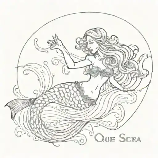 A Mermaid In Lines Who Laid On Her Side And The Text Que Sera Sera Under It