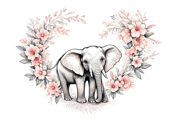 Mom And Child Elephant With Flowers Intertwined
