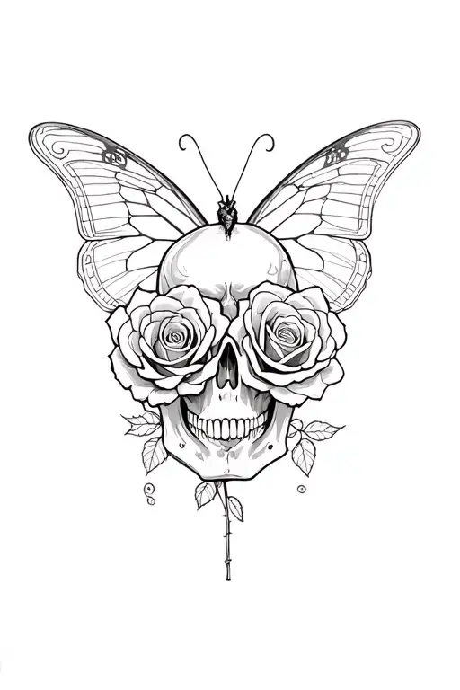 Skull Roses Intertwined Butterfly