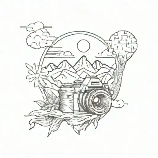 A Sketch-style Tattoo Of A Mountain Range With A Camera Lens As The Sun