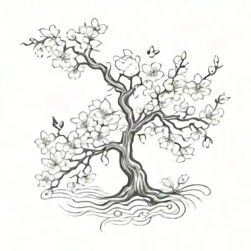 A Sketch Tattoo Of A Cherry Blossom Tree With Musical Notes Intertwined In The Branches