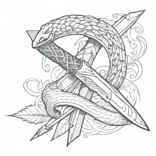 A Detailed Sketch Style Tattoo Of A Knife With A Snake Wrapping Around The Blade