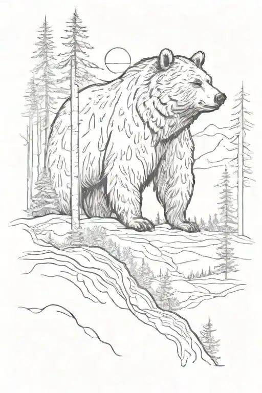 Bear In The Forest And Sunrise