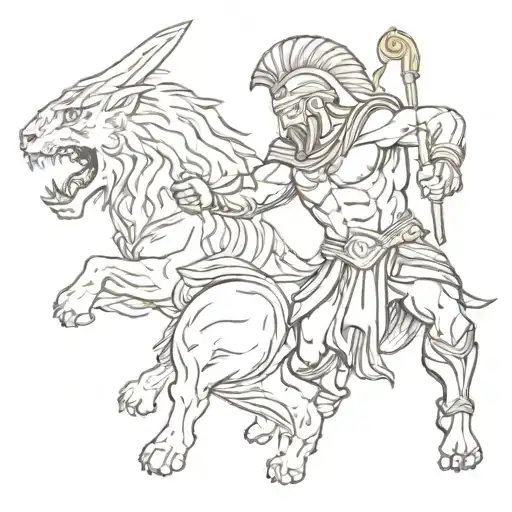 Sketch-style Tattoo Of Spartan Warrior Fighting A Lion