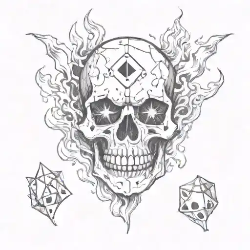 A Skull With Dice For Eyes Surrounded By Flames