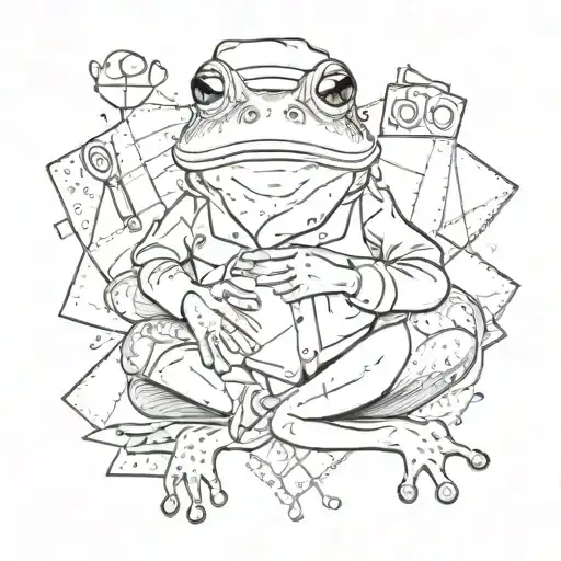 A Whimsical Sketch Of A Frog In A Nurse's Uniform Stitching A Quilt