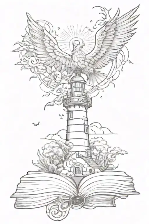 Phoenix Rising Sun Heart With Book And Light House And Tree Have Root