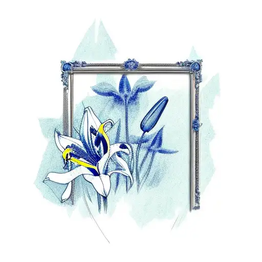 Empty Portrait Frame With Blue And Yellow Lilies Surrounding The Frame