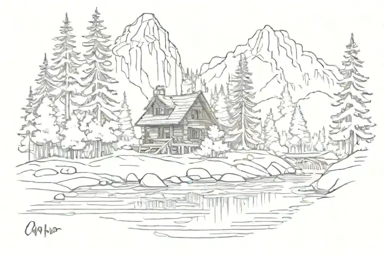 Cabin Beside A River In A Forest Below A Mountain