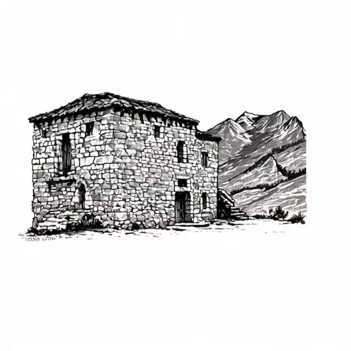 An Old Stone Building With A Mountain In The Background