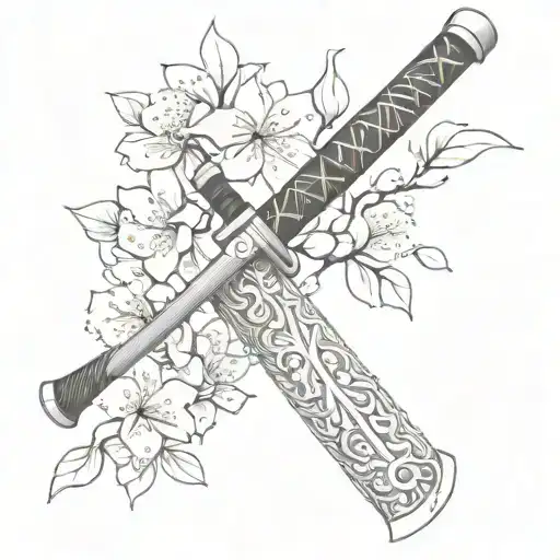 Japanese Katana With Japanese Cherry Blossoms Made In Blackwork And Dotwork Details