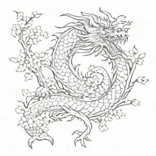 A Traditional Japanese Dragon Coiled Around A Cherry Blossom Tree Tattoo