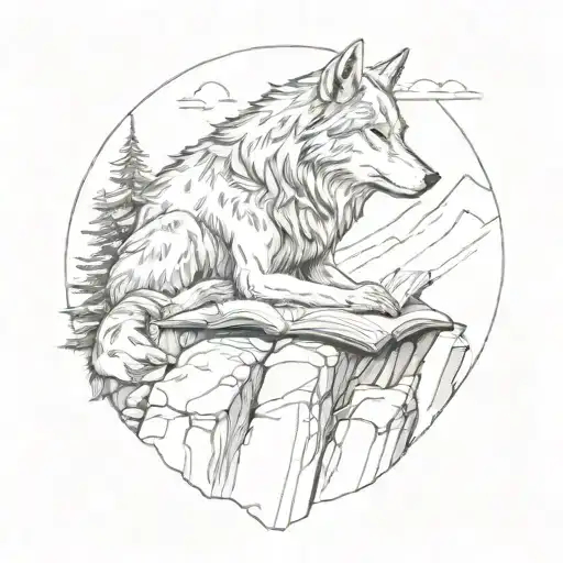 A Wolf Reading A Book On A Rocky Mountain Peak