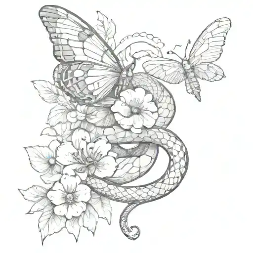 Snake With Moth And Flower