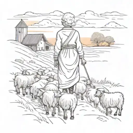 Old Lady Walking In A Farm Towards The Sunset With Eight Sheeps